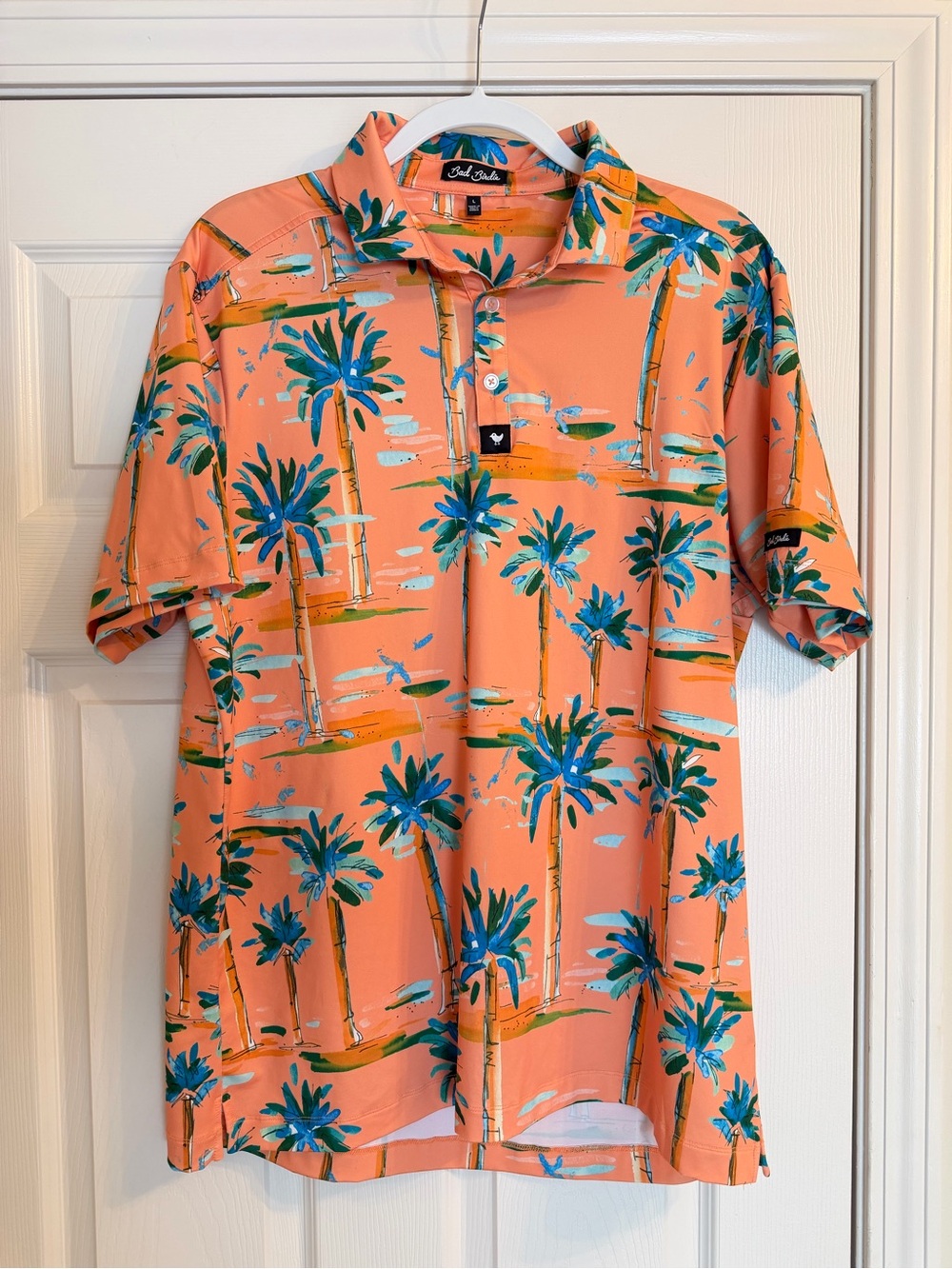Bad Birdie Polo Shirt Men’s L Orange Floral Hawaiian Golf Stretch Performance
